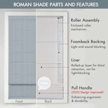 Madison Park Galen Cordless Roman Shades - Fabric Privacy Single Panel Darkening, Energy Efficient, Thermal Insulated Window Blind Treatment, for Bedroom, Living Room Decor, 31" x 64", Blue
