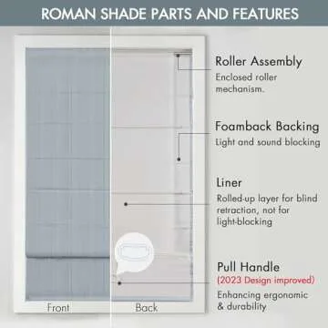 Madison Park Galen Cordless Roman Shades - Fabric Privacy Single Panel Darkening, Energy Efficient, Thermal Insulated Window Blind Treatment, for Bedroom, Living Room Decor, 31" x 64", Blue
