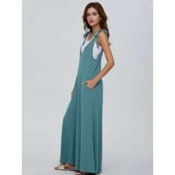 DEEP SELF Jumpsuits for Women, Summer Casual Tie Strap Sleeveless Rompers Baggy Loose Wide Leg Maternity Jumpsuit Overalls with Pockets (Small, Grey-Blue)