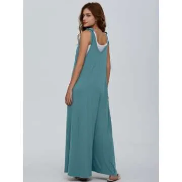DEEP SELF Jumpsuits for Women, Summer Casual Tie Strap Sleeveless Rompers Baggy Loose Wide Leg Maternity Jumpsuit Overalls with Pockets (Small, Grey-Blue)
