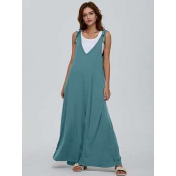 DEEP SELF Jumpsuits for Women, Summer Casual Tie Strap Sleeveless Rompers Baggy Loose Wide Leg Maternity Jumpsuit Overalls with Pockets (Small, Grey-Blue)