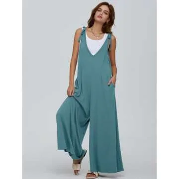 DEEP SELF Jumpsuits for Women, Summer Casual Tie Strap Sleeveless Rompers Baggy Loose Wide Leg Maternity Jumpsuit Overalls with Pockets (Small, Grey-Blue)