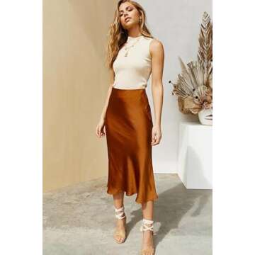 Zeagoo Satin Skirt for Women Midi High Waisted Solid Skirts Party Dresses Elegant Dark Brown
