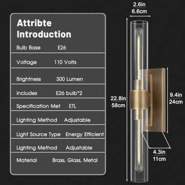 Brass Wall Sconces, 22.8" Bathroom Wall Sconce, Antique Brass Wall Sconces Set of 2, 2-Light Dimmable Wall Sconce, Sconces Wall Lighting With Glass, Bathroom Vanity Light, Tube Sconce for Living Room