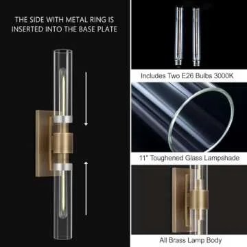 Brass Wall Sconces, 22.8" Bathroom Wall Sconce, Antique Brass Wall Sconces Set of 2, 2-Light Dimmable Wall Sconce, Sconces Wall Lighting With Glass, Bathroom Vanity Light, Tube Sconce for Living Room