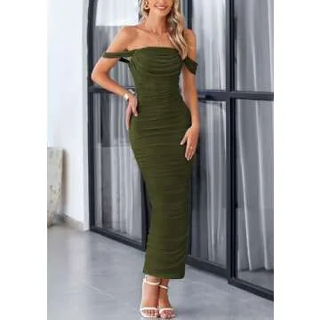PRETTYGARDEN Womens Summer Off The Shoulder Dress Ruched Bodycon Sleeveless Split Cocktail Party Maxi Dresses (Army Green,Small)
