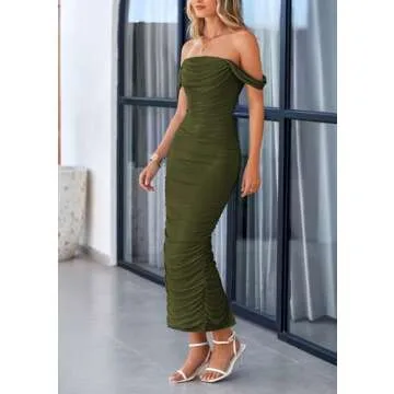 PRETTYGARDEN Womens Summer Off The Shoulder Dress Ruched Bodycon Sleeveless Split Cocktail Party Maxi Dresses (Army Green,Small)