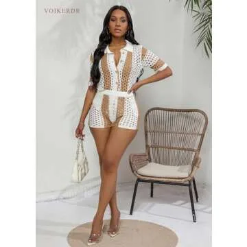 VOIKERDR Women 2 Piece Outfits Knitted Shorts Set Beach Vacation Outfits Short Sleeve Button Down Shirt and Shorts Sexy Summer Matching Sets