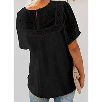 Dokotoo Womens Crewneck Lace Crochet Pom Pom Flowy Short Sleeve Casual Shirts Blouses Tops