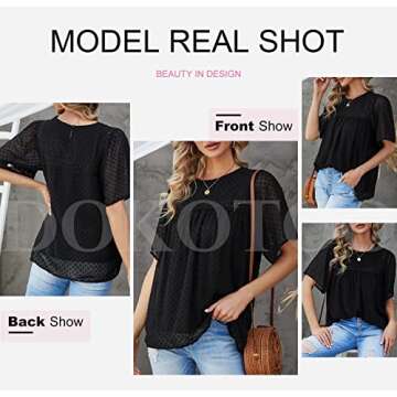 Dokotoo Womens Crewneck Lace Crochet Pom Pom Flowy Short Sleeve Casual Shirts Blouses Tops
