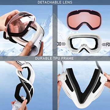FONHCOO Ski Goggles for Men Women,Anti-Fog OTG Snow Snowboard Glasses with Detachable Lens for Skiing Skating,UV Protection Anti-Glare Pink