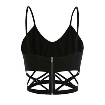 SheIn Women's Sexy Straps Sleeveless Cutout Criss Cross Zipper Crop Cami Tank Top Black Small