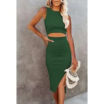Pink Queen Sexy Dresses for Women Sleeveless Cutout Bodycon Party Ribbed Knee Length Knit Midi Dress Green XS