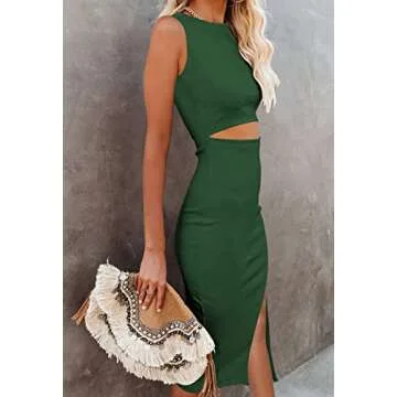 Pink Queen Sexy Dresses for Women Sleeveless Cutout Bodycon Party Ribbed Knee Length Knit Midi Dress Green XS