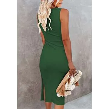 Pink Queen Sexy Dresses for Women Sleeveless Cutout Bodycon Party Ribbed Knee Length Knit Midi Dress Green XS