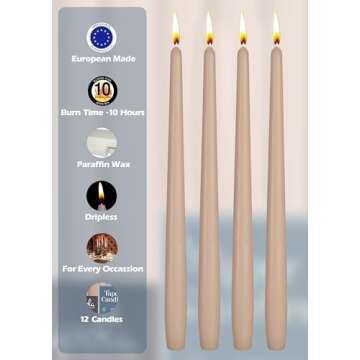 Hyoola 12 Pack Tall Taper Candles - 12 Inch Sahara Beige Dripless, Unscented Dinner Candle - Paraffin Wax with Cotton Wicks - 10 Hour Burn Time