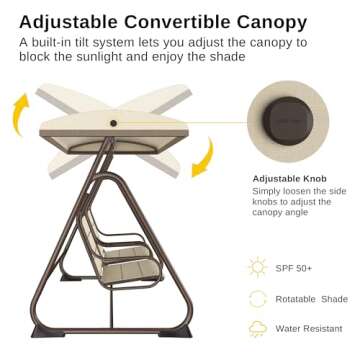 EAST OAK 2-Person Outdoor Patio Swing Chair with Adjustable Canopy, Porch Swing with Comfortable and Breathable Seats, Independent Swing Chairs for Garden, Balcony, Backyard, Chestnut Brown