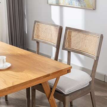 QUINJAY Rattan Farmhouse Dining Chairs, Linen French Country Dining Chairs with Hollow Back, Double Upholstered Dining Room Chairs Kitchen Chairs with Wood Frame for Living Room, Light Brown