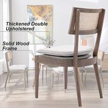 QUINJAY Rattan Farmhouse Dining Chairs, Linen French Country Dining Chairs with Hollow Back, Double Upholstered Dining Room Chairs Kitchen Chairs with Wood Frame for Living Room, Light Brown