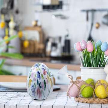 MyGift 6 Inch Tall Resin Decorative Egg with Soft Pastel Watercolor Floral Print, Spring Pattern Home Decor Small Tabletop Centerpiece Easter Decoration