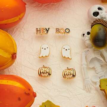 LILIE&WHITE Halloween Earrings For Women Initial HEY BOO Ghost Pumpkin Stud Earrings Set Ghost Earrings Pumpkin Earrings Hey Boo Earrings Halloween Jewelry