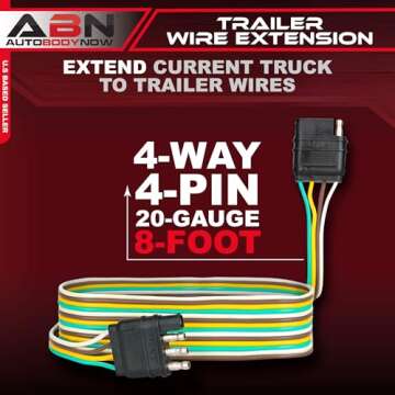 ABN Trailer Wire Extension, 8ft, 4-Way 4-Pin Plug Flat 20 Gauge – Hitch Light Trailer Wiring Harne...