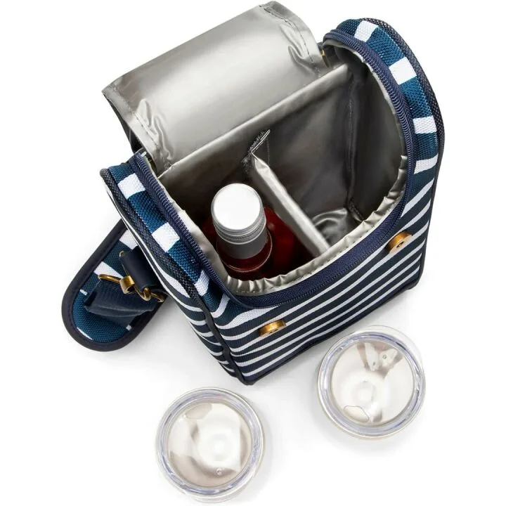 Nautical Insulated Wine Carrier with Glasses - Blue