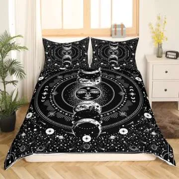 Manfei Sun Moon Comforter Cover Set Stars Space Psychedelic Duvet Cover Black and White Bedding Set 3pcs for Kids Boys Teens Microfiber Bedspread Cover with 2 Pillow Cases(No Comforter) Queen Size