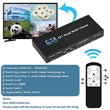 HDMI Multiviewer Switch 4x1, Quad Seamless Switcher 4 in 1 Out with IR Remote Control, Support 4K Full HD and 5 Display Modes for Security Camera, Gaming Consoles