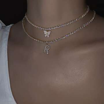 14K Yellow Gold Plated Cubic Zirconia Initial A Necklace | Letter Tennis Chain Necklaces for Women