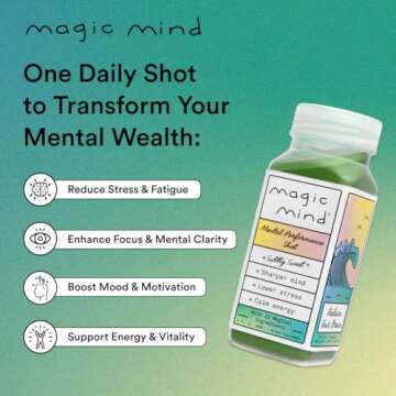 Magic Mind Focus Energy Drink Shots - No Jitters, Stress Relieving, Ashwagandha, Functional Mushrooms, Matcha Green Tea, Vitamin B12, Vitamin C - 2 FL Oz (5 Pack)