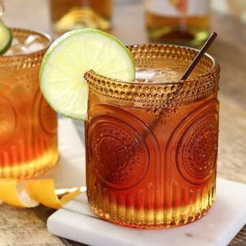 Kate Aspen Ribbed Retro Arch Floral Amber Drinking Glasses Set of 6, (10 oz) Vintage Glassware Set C...