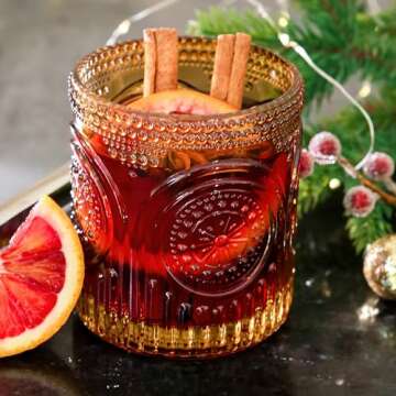 Kate Aspen Ribbed Retro Arch Floral Amber Drinking Glasses Set of 6, (10 oz) Vintage Glassware Set Cocktail Glass Set, Juice Glass, Water Cups | Great Hostess Gift & Gift for New Home Owners