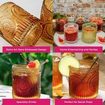 Kate Aspen Ribbed Retro Arch Floral Amber Drinking Glasses Set of 6, (10 oz) Vintage Glassware Set Cocktail Glass Set, Juice Glass, Water Cups | Great Hostess Gift & Gift for New Home Owners