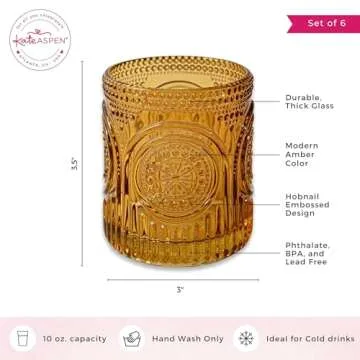 Kate Aspen Ribbed Retro Arch Floral Amber Drinking Glasses Set of 6, (10 oz) Vintage Glassware Set Cocktail Glass Set, Juice Glass, Water Cups | Great Hostess Gift & Gift for New Home Owners