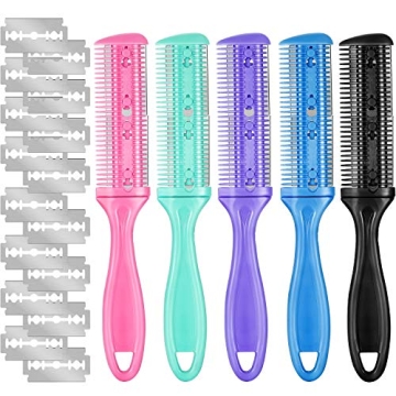 5 Pieces Razor Comb with 20 Pieces Razors, Hair Cutter Comb Dual Side Cutting Scissors Hair Thinning...