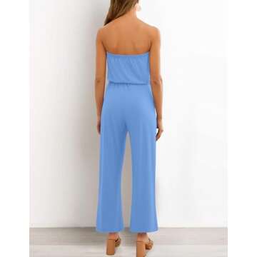 ZESICA Women's Casual Off Shoulder Solid Color Strapless Belted Wide Leg Jumpsuit Romper,Blue,Small
