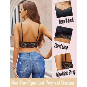 Avidlove Lace Bralette for Women V Neck Sexy Camisole Crop Top with Adjustable Spaghetti Strap Black...