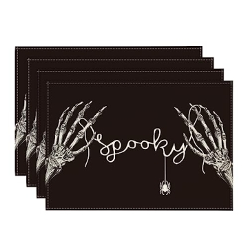 Artoid Mode Skeleton Hand Halloween Placemats Set of 4, 12x18 Inch Fall Floral Spider Table Mats for...