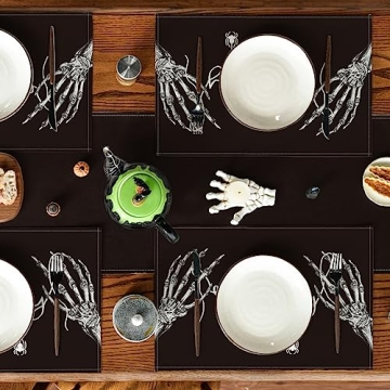 Skeleton Hand Placemats Fall Floral Design for Halloween
