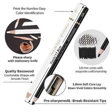 Heshengping 6 Black 6 White oil color pencils coloring drawing pencil oil-based wooden colored pencils for artists beginners artists, 12 pack