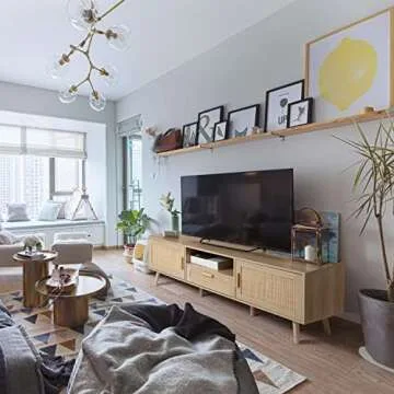 Finnhomy 59 Inch Boho TV Stand for up to 70 inch TV, TV Console with 2 Hand Made Rattan Decorated Doors, Living Room Entertainment Center TV Table with Storage, Natural