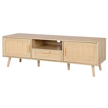 Finnhomy 59 Inch Boho TV Stand for up to 70 inch TV, TV Console with 2 Hand Made Rattan Decorated Doors, Living Room Entertainment Center TV Table with Storage, Natural