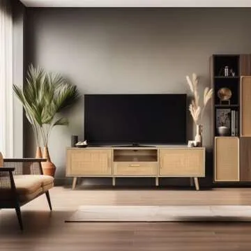 Finnhomy 59 Inch Boho TV Stand for up to 70 inch TV, TV Console with 2 Hand Made Rattan Decorated Doors, Living Room Entertainment Center TV Table with Storage, Natural