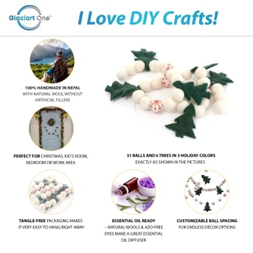 Glaciart One Christmas Tree Felt Ball Garland - Pompom Holiday Decoration Hand-Made from Natural Wool - Cute Hanging Decor for Christmas Tree, Mantel, Kids Bedroom, Living Room, Nursery - 7 Feet Long