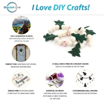 Glaciart One Christmas Tree Felt Ball Garland - Pompom Holiday Decoration Hand-Made from Natural Wool - Cute Hanging Decor for Christmas Tree, Mantel, Kids Bedroom, Living Room, Nursery - 7 Feet Long