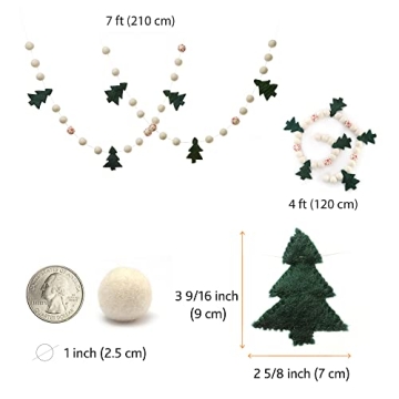 Glaciart One Christmas Tree Felt Ball Garland - Pompom Holiday Decoration Hand-Made from Natural Wool - Cute Hanging Decor for Christmas Tree, Mantel, Kids Bedroom, Living Room, Nursery - 7 Feet Long