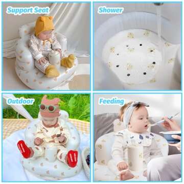 Inflatable Baby Seat for Babies 3 Months and Up, Toddler Floor Seats for Sitting Up, Built in Air Pump Baby Seats for Kids, Blow Up Baby Chair with Back Support - Cute Bear