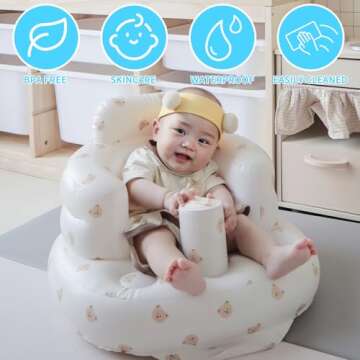 Inflatable Baby Seat for Babies 3 Months and Up, Toddler Floor Seats for Sitting Up, Built in Air Pump Baby Seats for Kids, Blow Up Baby Chair with Back Support - Cute Bear