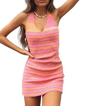 shaopan66 Women's Halter Knitted Sleeveless Bodycon Mini Party Beach Sun Dress, Pink Stripe, Medium